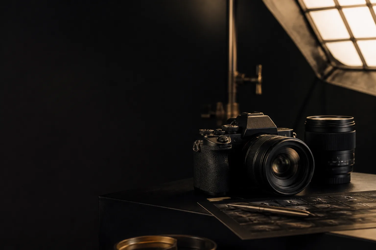 Professional camera and studio lights representing photography services