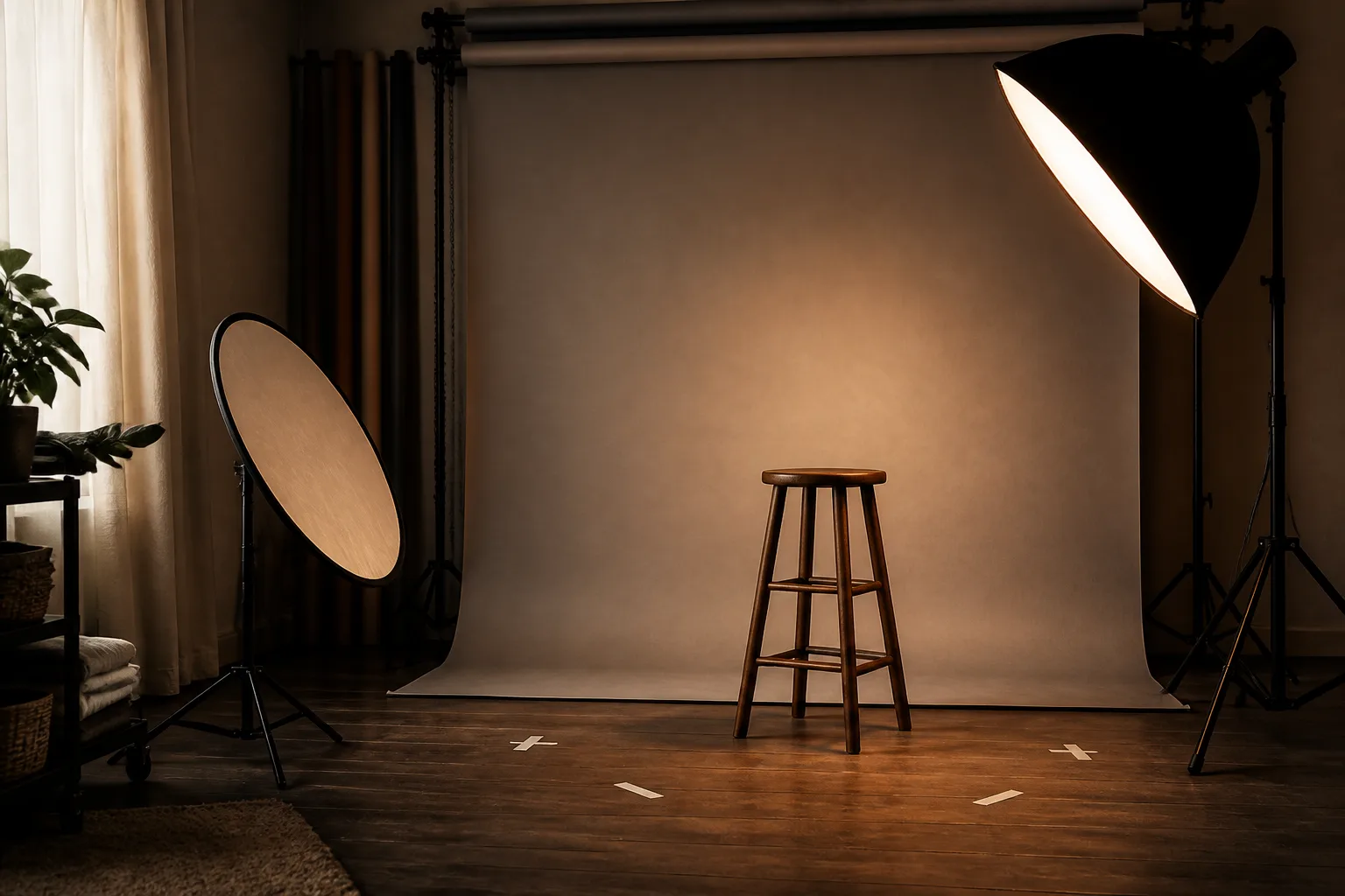 Prepared portrait studio representing portrait sessions