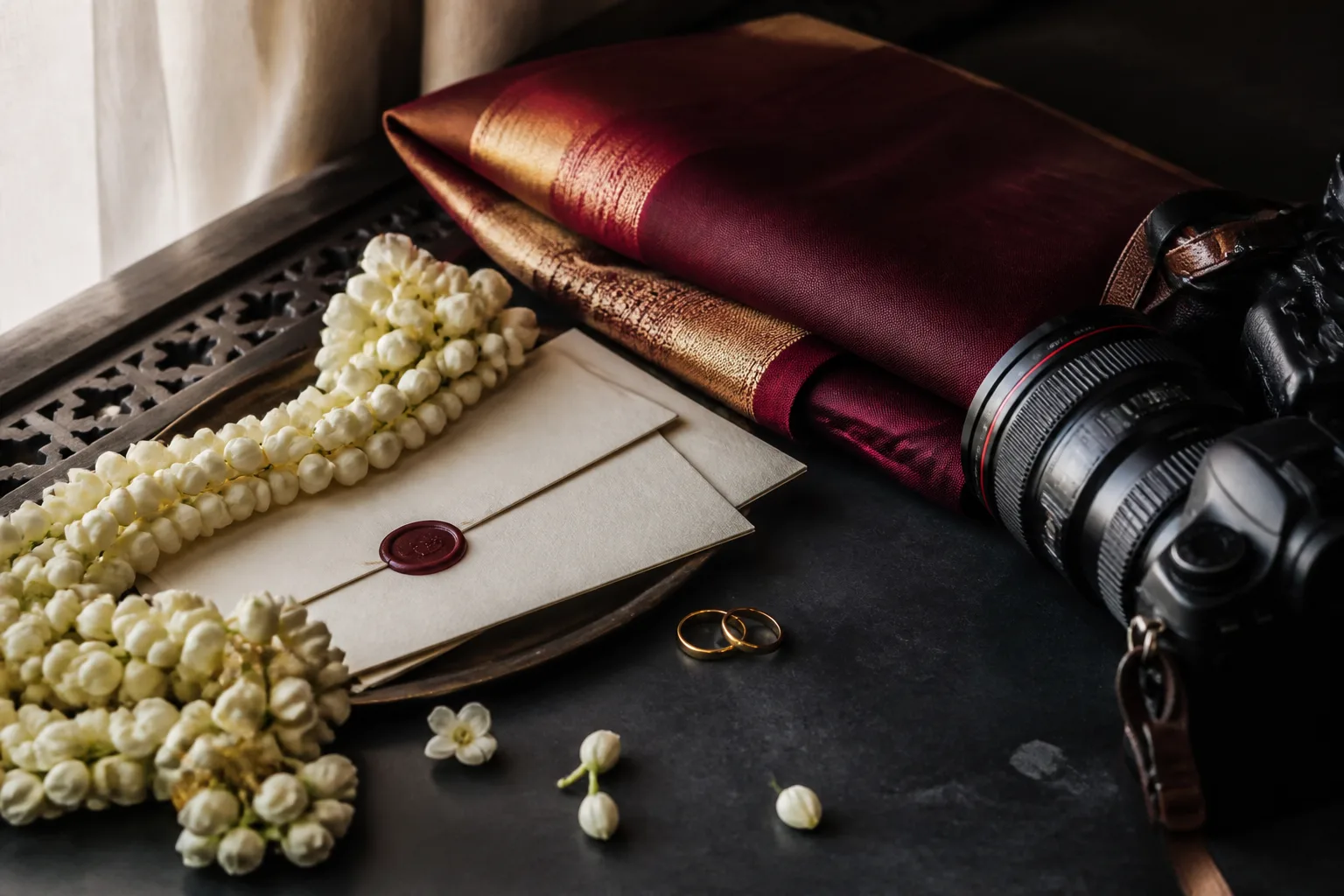 Wedding details and camera representing wedding photography services